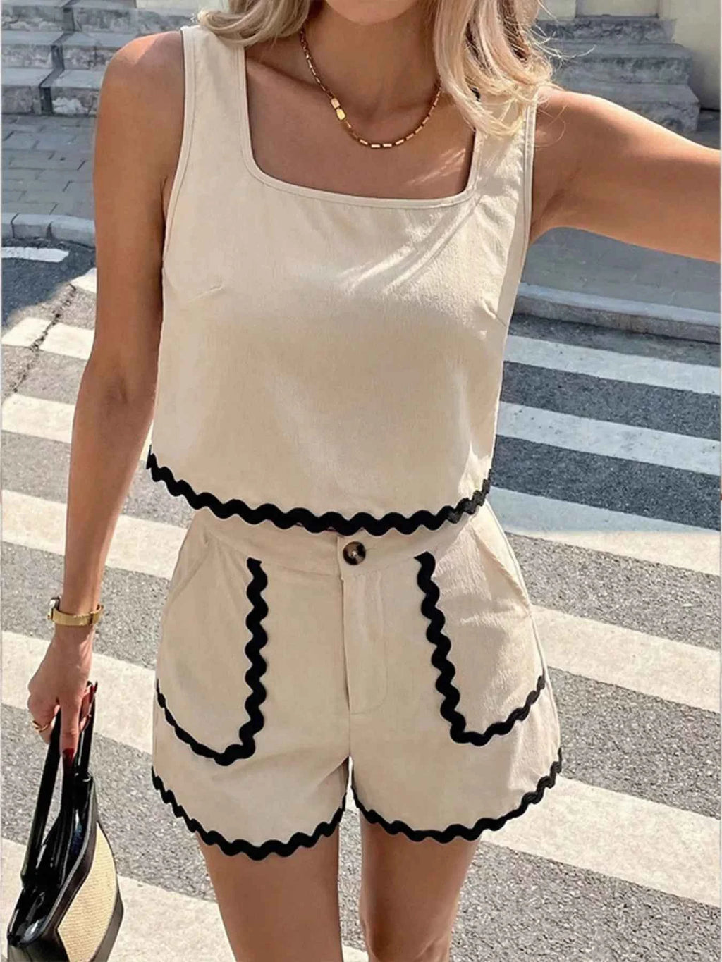 Ensemble tank top & short à bordure festonnée femme – coloris Apricot - Bootiky