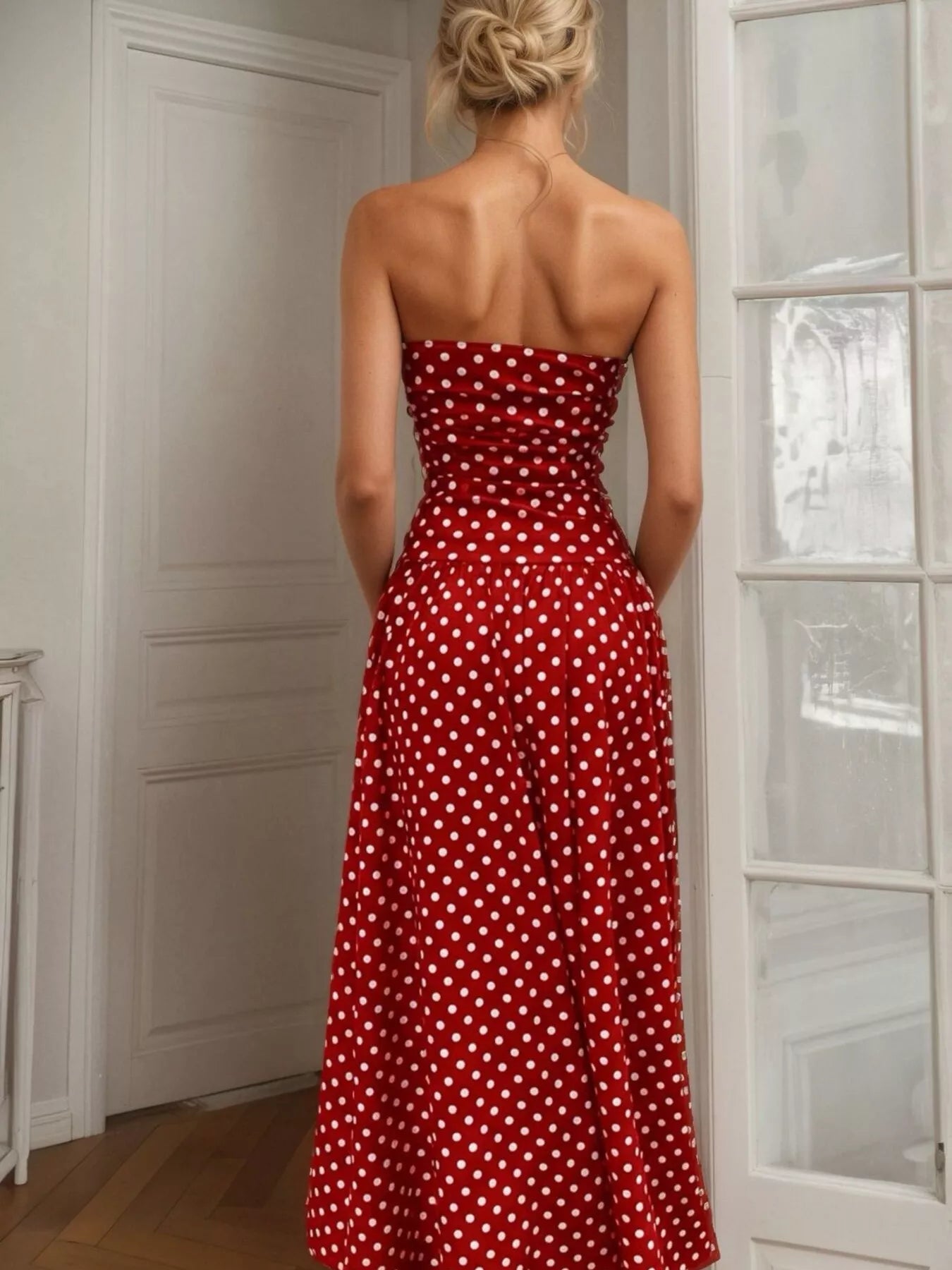 Robe Longue Bustier Retro Polka à Pois – Sans Bretelles, S à XL - Bootiky