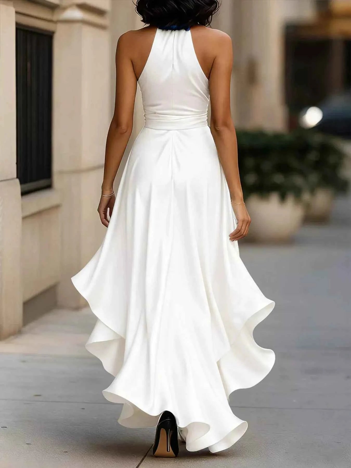 Robe Longue de Soirée Volants Riviera Col Licou – Fente, Ceinture, S à 2XL - Bootiky
