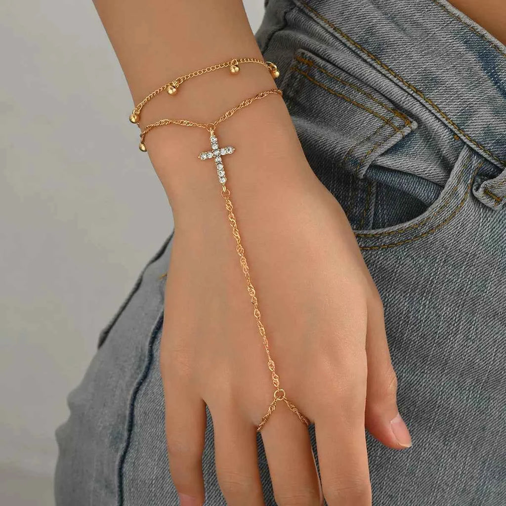 Bracelet Ex-Voto Chaîne Dorée & Croix Strass – Plaqué Or 18K, Ajustable ~18-23 cm - Bootiky