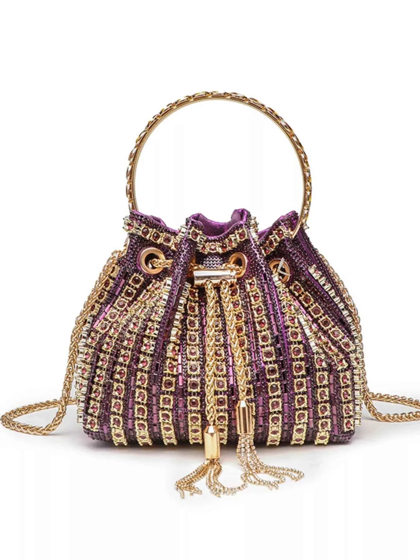 Elegant purple beaded bucket bag with gold chain handle and tassel, perfect for evening events.