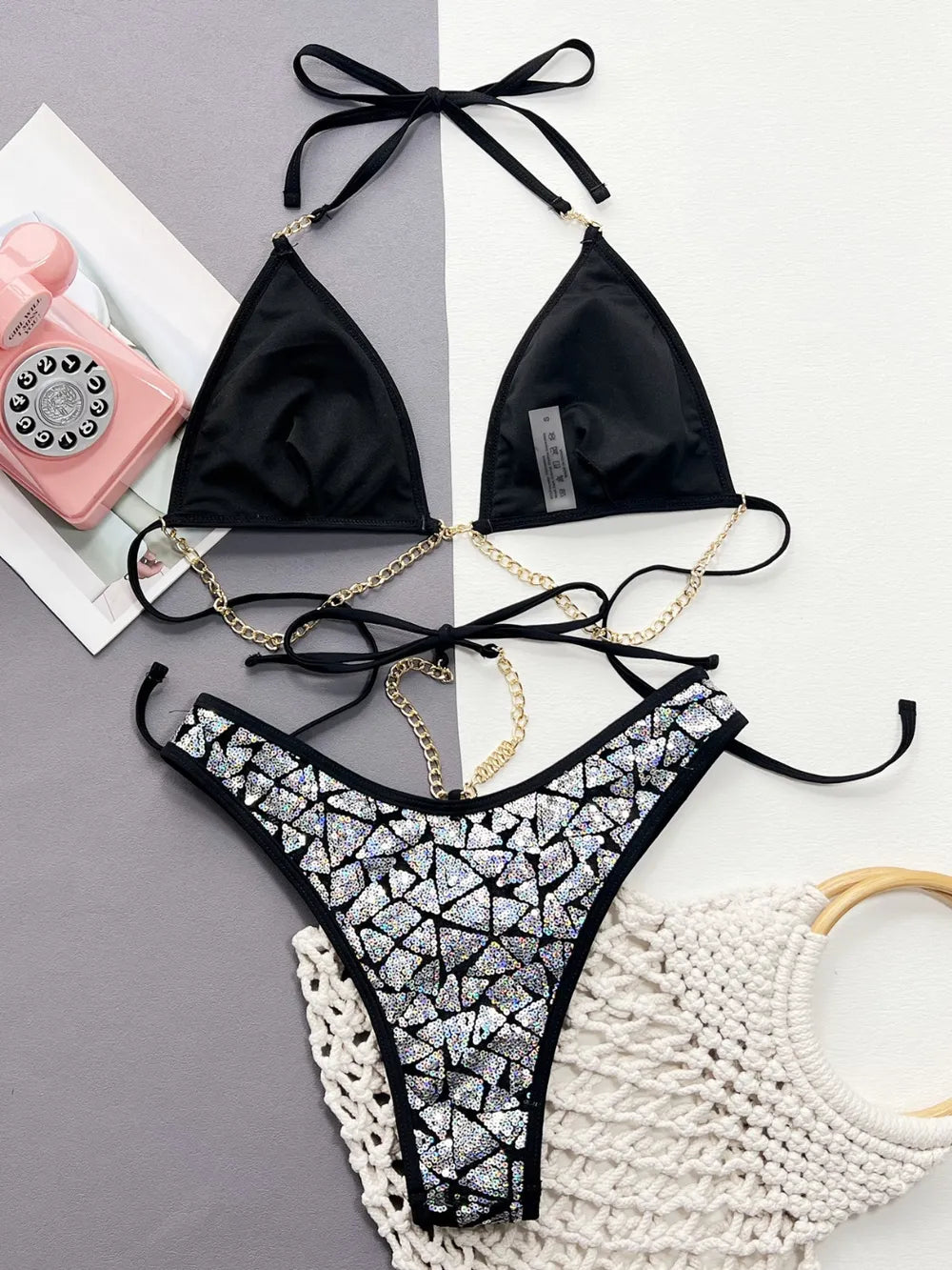 Bikini 2 Pièces Noir — Halter Neck Dos Nu & Séquins Scintillants - Bootiky
