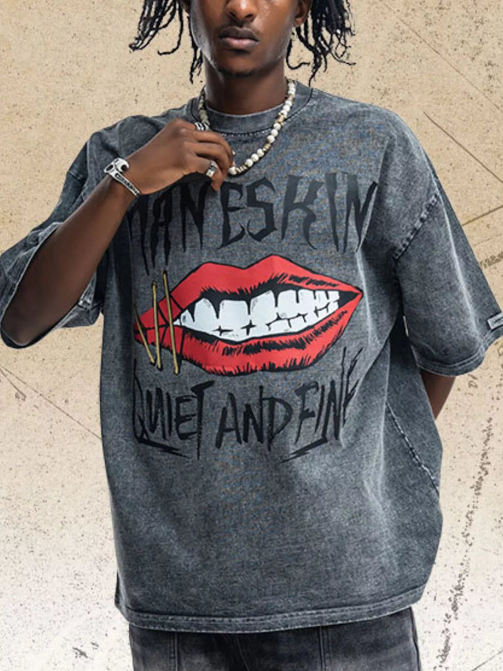 T-Shirt Homme Effet Délavé Motif Lèvres – Style Vintage Rock - Bootiky