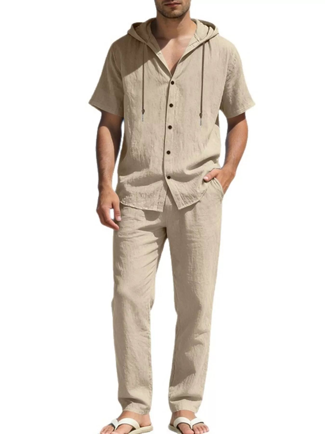 Ensemble Homme Lin — Haut à Capuche Boutonné & Pantalon Large - Bootiky