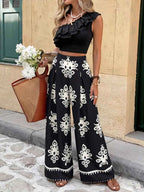 Ensemble crop top à volant épaule asymétrique & pantalon large imprimé femme - Bootiky