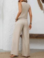 Ensemble gilet col V boutonné & pantalon large femme – 3 coloris - Bootiky
