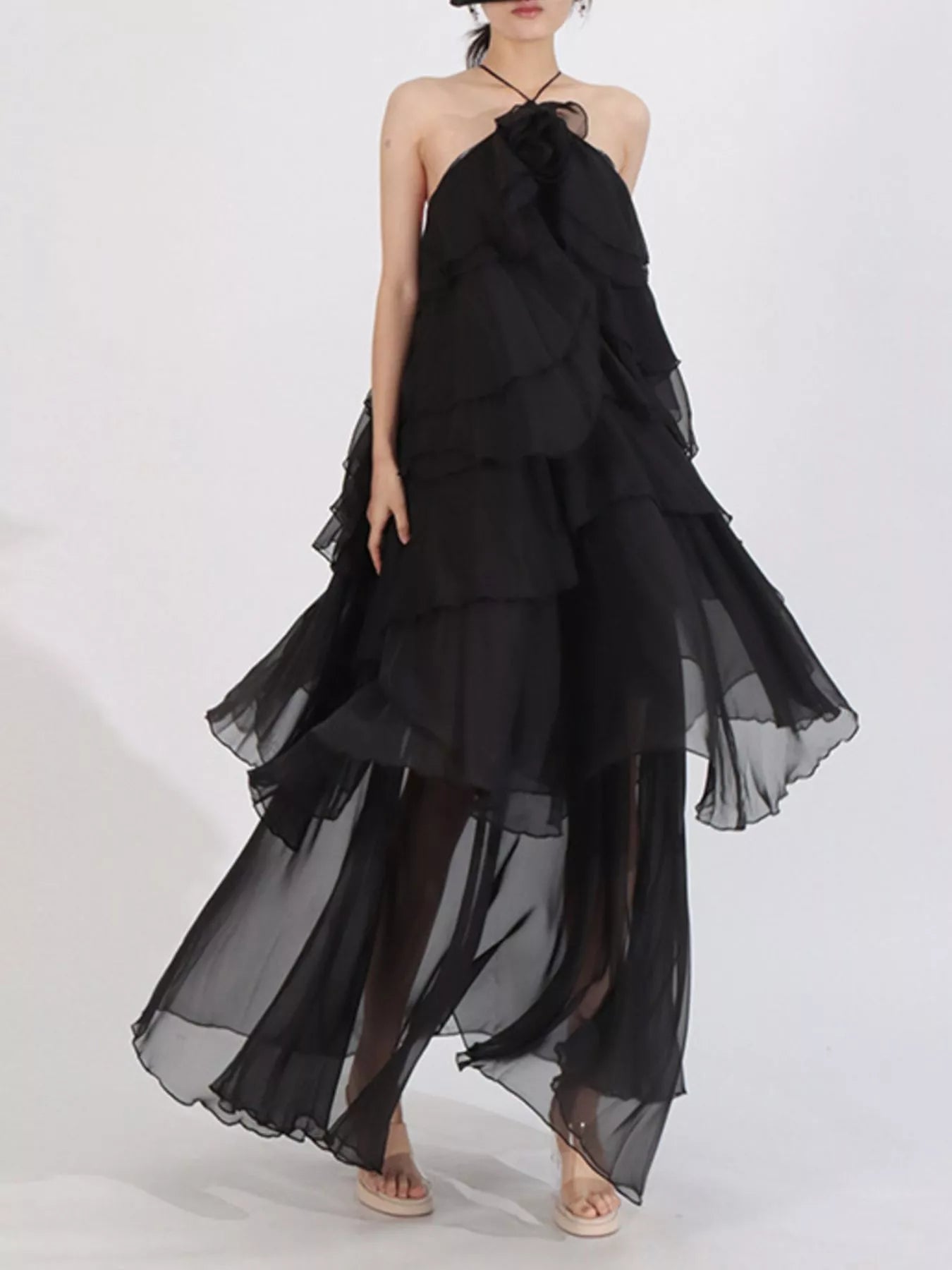 Robe Longue Mousseline — Col Licou, Volants & Mesh (Maxi Dress) - Bootiky