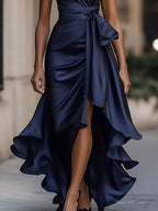 Robe Longue de Soirée Volants Riviera Col Licou – Fente, Ceinture, S à 2XL - Bootiky