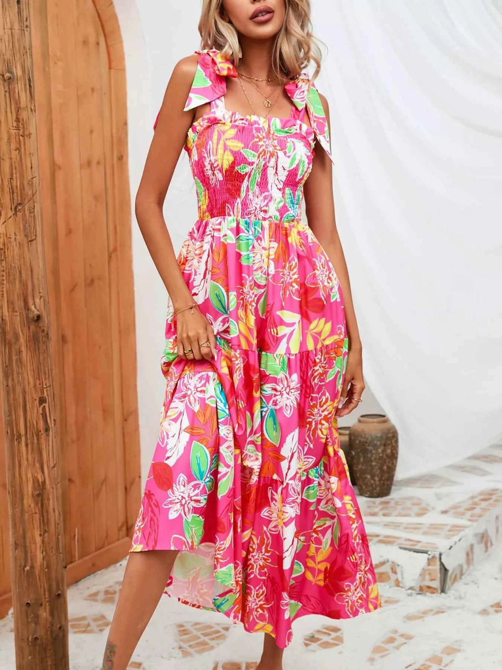 Robe Longue Bohème Oasis Buste Smocké Bretelles à Nouer – Volants, S à 2XL - Bootiky