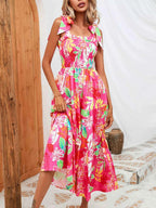 Robe Longue Bohème Oasis Buste Smocké Bretelles à Nouer – Volants, S à 2XL - Bootiky