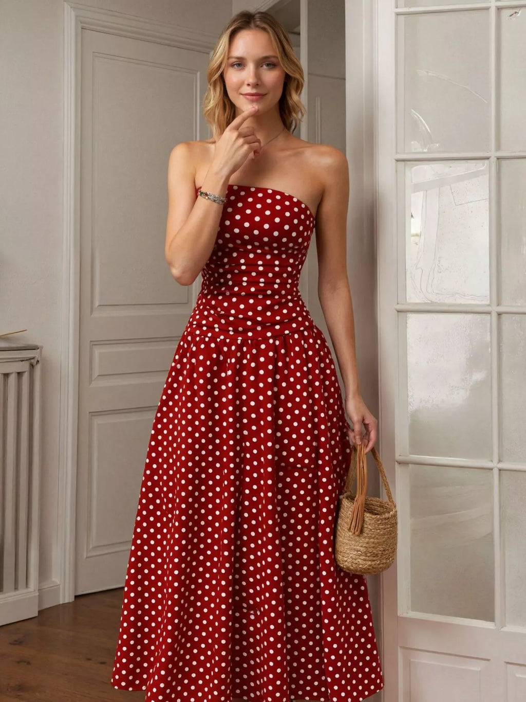 Robe Longue Bustier Retro Polka à Pois – Sans Bretelles, S à XL - Bootiky