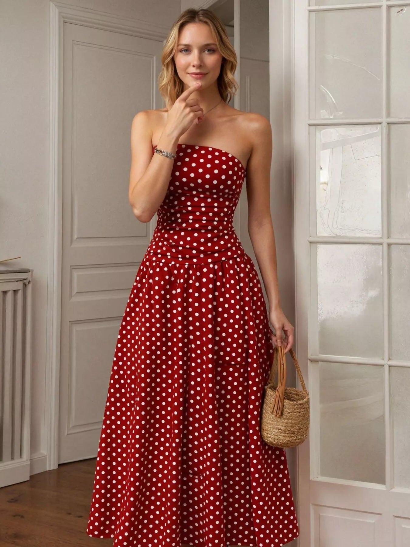 Robe Longue Bustier Retro Polka à Pois – Sans Bretelles, S à XL - Bootiky