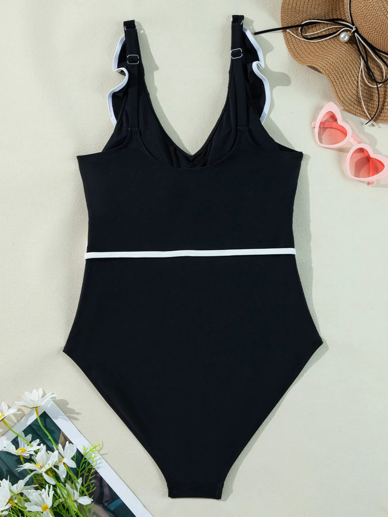 Maillot de Bain Une Pièce à Col en V & Détails Volants - Bootiky